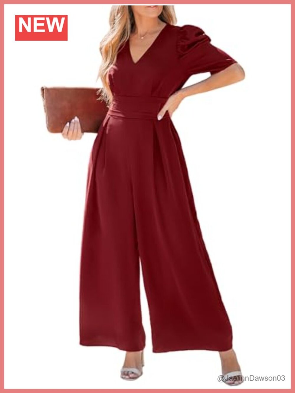 V Neck Puff Sleeve Wide Leg Jumpsuit with Pockets